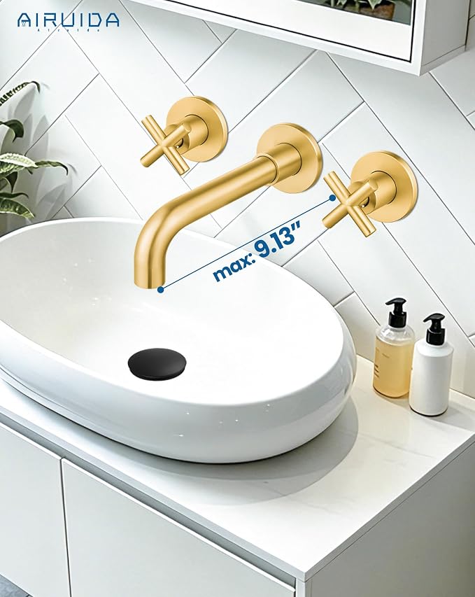 Airuida Solid Brass Brushed Gold Wall Mount Bathroom Faucet | 360° Swivel Spout,Rough in Valve,2 Cross Handle,3 Hole,Widespread