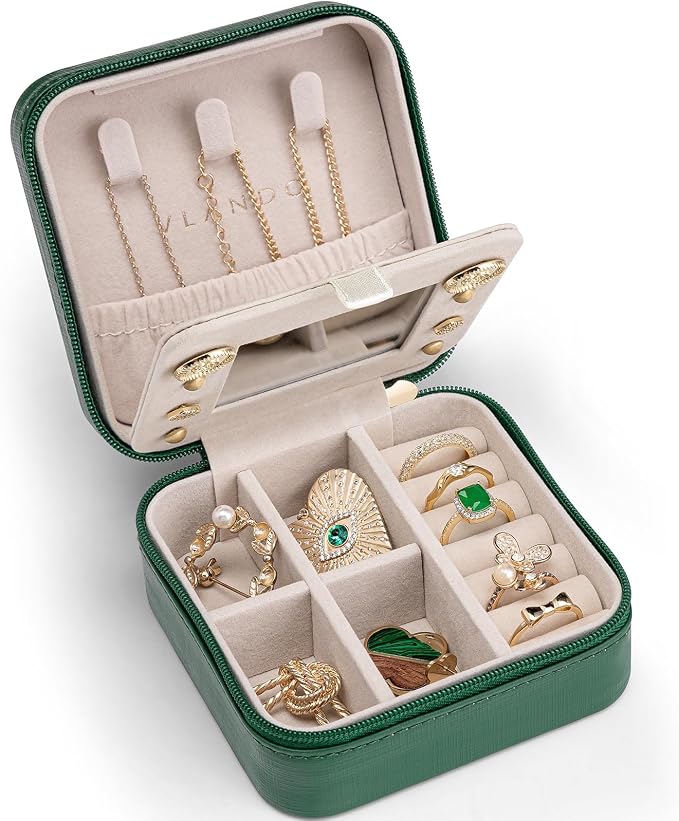 VLANDO Travel Jewelry Case with Mirror, Storage 3 Pairs of Stud Earrings | Necklace Hook for Anti-tangle, Removable Dividers, Waterproof PU Leather,Portable Storage for Rings, Necklace Gifts for Women