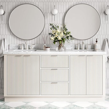 ARIEL Milan 72-inch Bathroom Vanity with Sink,Solid Wood, 1.5-inch Italian Carrara Marble Countertop, Double Rectangular Porcelain Sink, 4 Soft Closing Doors, 3 Dovetail Drawers, Warm White