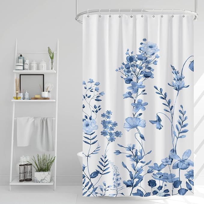 AWERT Small Half Size Stall Shower Curtain with Hooks Shower Stall Curtain 48 x 72 Light Blue Floral 48 inch for Bathroom/RV and Camper