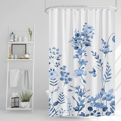 AWERT Small Half Size Stall Shower Curtain with Hooks Shower Stall Curtain 48 x 72 Light Blue Floral 48 inch for Bathroom/RV and Camper