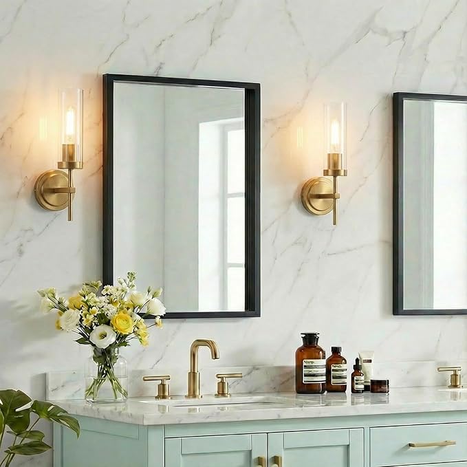 Hardwired Gold Wall Sconce Set of Two Bathroom Sconces Vanity Light | Modern Brushed Gold Vanity Light for Bathroom Mirror Living Room Bedroom Hallway Stairs