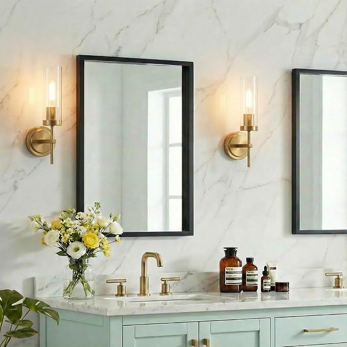 Hardwired Gold Bathroom Sconces Vanity Light fixtures Wall Light | Hardwired Sconces Brushed Gold Wall Lights for Bathroom Mirror Living Room Bedroom Hallway Stairs