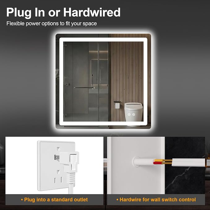 LED Bathroom Mirror with Lights, 30 x 30 Lighted Vanity Wall Mirror | Backlit and Frontlit, Anti-Fog, Dimmable 3 Colors, Shatter-Proof Tempered Glass, Memory Function, Plug-in/Hardwired