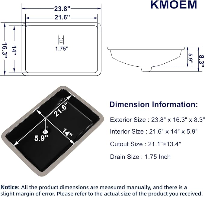 Black Undermount Bathroom Sink 23.8x16.3 Inch Bathroom Sink Matte Black Bathroom Under Counter Lavatory Vanity Sink Basin Rectangular Porcelain Ceramic Undermount Sinks with Overflow