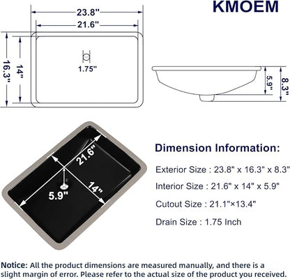 Black Undermount Bathroom Sink 23.8x16.3 Inch Bathroom Sink Matte Black Bathroom Under Counter Lavatory Vanity Sink Basin Rectangular Porcelain Ceramic Undermount Sinks with Overflow
