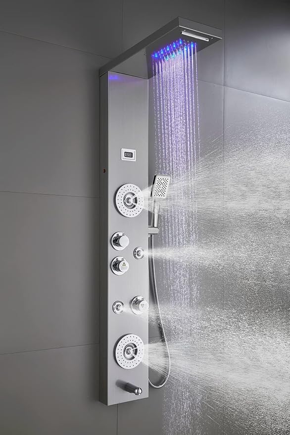 ELLO&ALLO Stainless Steel Shower Panel Tower System,LED Rainfall Waterfall Shower Head 6-Function Faucet Rain Massage System with Body Jets, Brushed Nickel