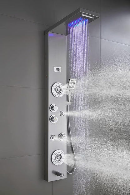 ELLO&ALLO Stainless Steel Shower Panel Tower System,LED Rainfall Waterfall Shower Head 6-Function Faucet Rain Massage System with Body Jets, Brushed Nickel