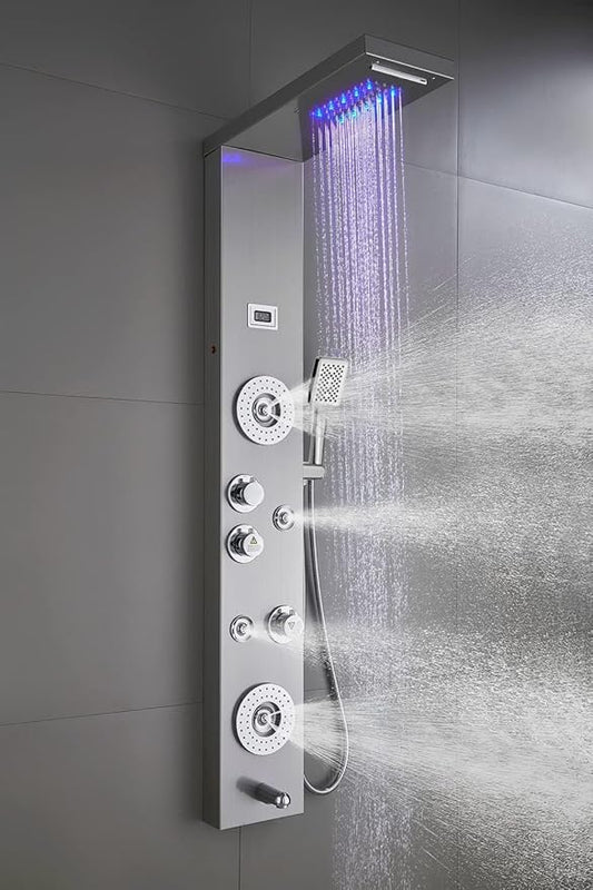 ELLO&ALLO Stainless Steel Shower Panel Tower System,LED Rainfall Waterfall Shower Head 6-Function Faucet Rain Massage System with Body Jets, Brushed Nickel