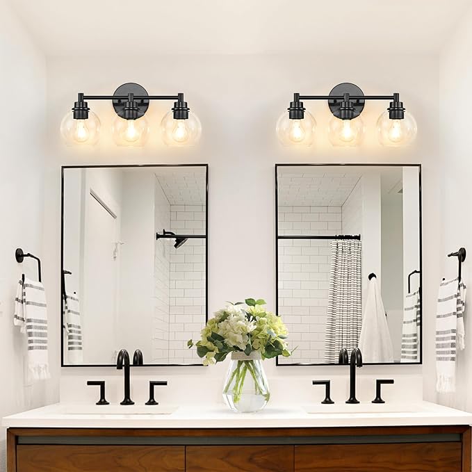 Bathroom Light Fixtures, Vanity Lights for Bathroom 3-Light Black, Bathroom Lighting Fixtures Over Mirror with Clear Glass Globe Shade, Bathroom Vanity Light for Living Room Kitchen Bedroom Hallway