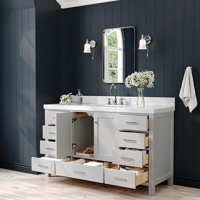 ARIEL Cambridge 60-inch Bathroom Vanity with Sink,Solid Wood, 2-inch Italian Carrara Marble Countertop, Single Rectangular Porcelain Sink, 2 Soft Closing Doors, 9 Dovetail Drawers, Grey