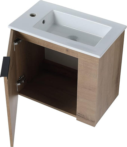 Henf Wall Mount 22 Inch Bathroom Vanity W/Sink Combo for Small Space, Modern Design Vanity Cabinet Gel Basin Countertop, Float Mounting Design Cabinet Set with Soft Close Doors, Oak (Without Faucet)