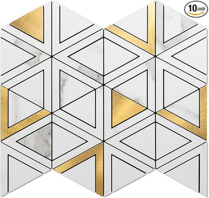 DICOFUN 10-Sheet White Marble Look Triangle Mosaic Tiles Peel and Stick Backsplash for Kitchen, PVC Mixed Metal Gold Chevron Stick on Backsplash Wall Tiles