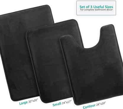 Clara Clark 3 Piece Bathroom Rugs Bath Mat Set, Velvet Memory Foam Bath Mats for Bathroom - Non-Slip, PVC Backing Bath Rugs, Washable - Dries Quickly, Black