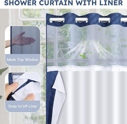 FADOTY Blue No Hook Shower Curtain Set with Snap in Liner, 71'' x 74'' | Bathroom Hotel Fabric Curtain, Waterproof Washable Liner, See Through Top Window, Ringless Chevron Tufted Cloth Curtain