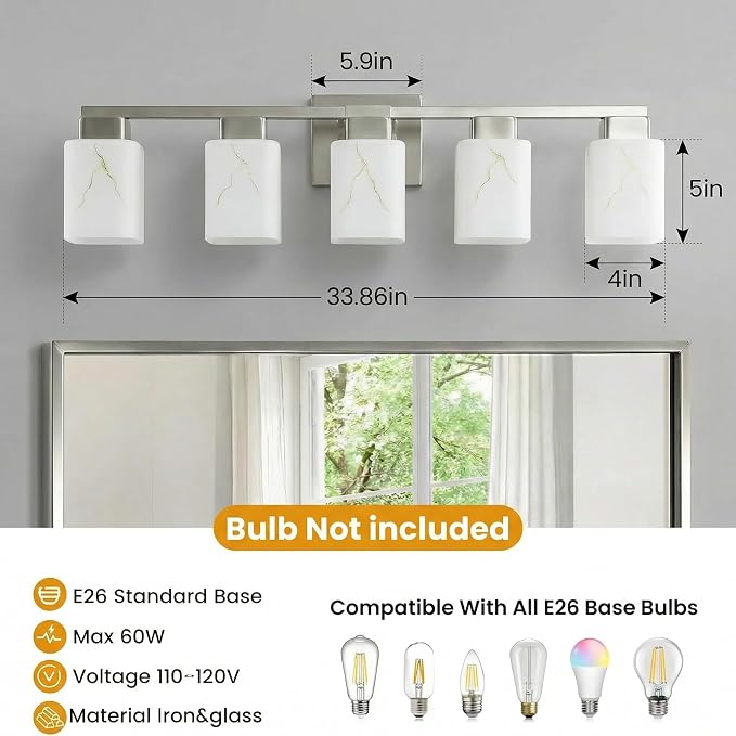 5-Light Square Bathroom Light Fixture, Brushed Nickel Modern Vanity Light with White Marble Glass Shade, for Bathroom Mirror, Living Room, Bedroom, Hallway, E26 Base