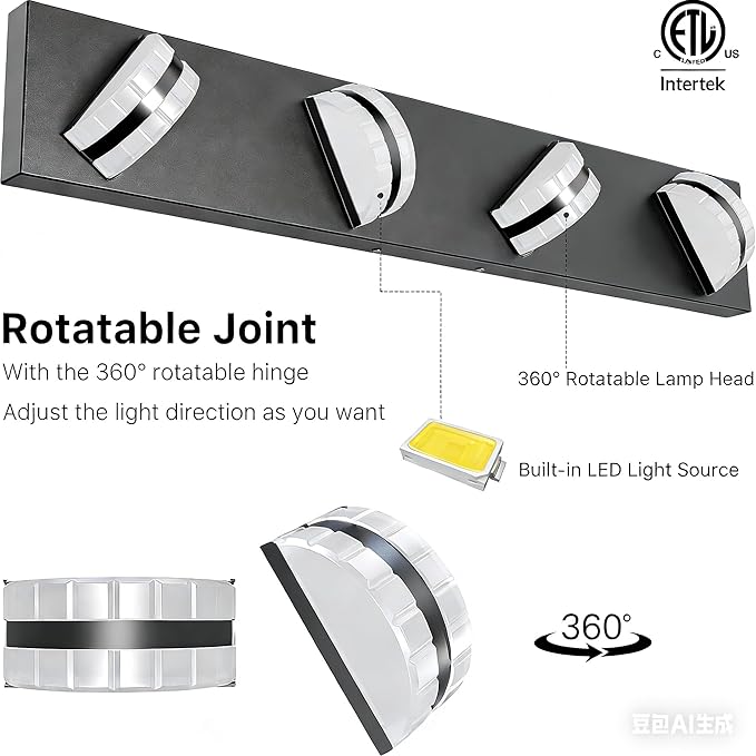 LED Bathroom Vanity Light, 360°Rotatable, 1980 LM 4 Light Black Modern Matte Bathroom Lighting Fixtures, Over Mirror Vanity Lights for Living Room, Bedroom ETL Certified