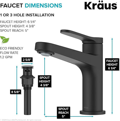 KRAUS Indy Bathroom Faucet in Matte Black with Single Handle, Pop Up Drain and Supply Lines, KBF-1411MB