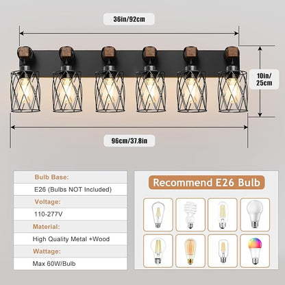 IZORRO Farmhouse Bathroom Vanity Light, 6-Light Wood Bathroom Light Fixtures Over Mirror, Black Industrial Vanity Lights with Metal Shade, Rustic Restroom Lighting Fixtures