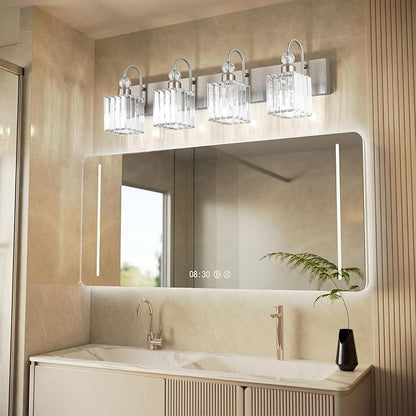 Ralbay Crystal Brushed Nickel Vanity Light for Bathroom 4-Light Modern Bathroom Light Fixtures