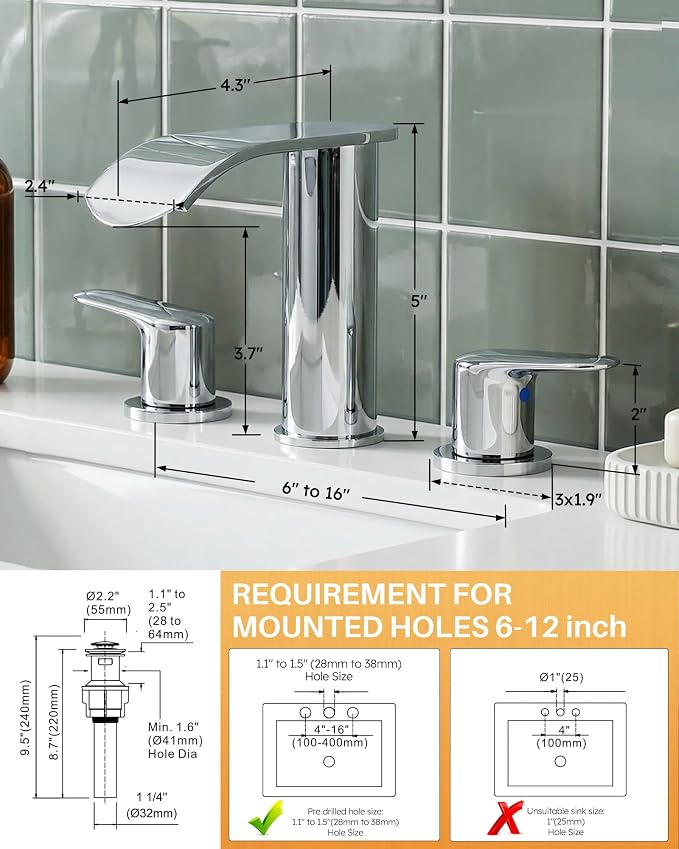 WOWOW Bathroom Faucets 3 Hole: Chrome 8 Inch Widespread Bathroom Sink Faucet Waterfall Spout, with Pop Up Drain and Water Supply, Suitable for Vanity Rv Commercial Lavatory Restroom
