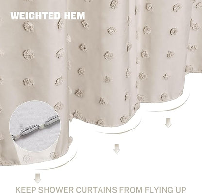 Boho Farmhouse Natural Shower Curtain Woven Fabric Shower Curtain, 72 x 72 Tufted Pleat Floral Puffs Textured Modern Farmhouse Minimalist Shower Curtain Set with Hooks for Bathroom