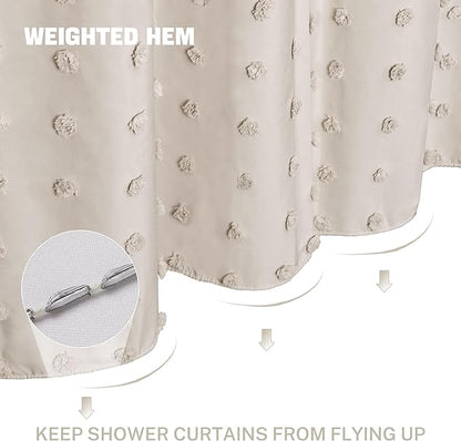 Extra Long Boho Farmhouse Shower Curtain Woven Fabric 84 Inch Natural Shower Curtain, 72 x 84 Tufted Pleat Floral Puffs Textured Modern Minimalist Shower Curtain Set with Hooks for Bathroom