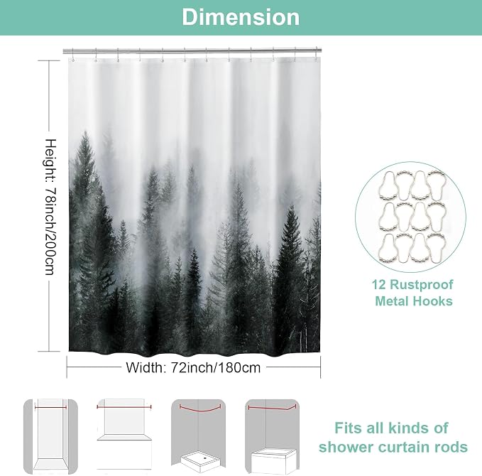 ORTIGIA 78 Inch Dark Green Misty Forest Shower Curtain for Bathroom, Nature Woodland Shower Curtain Set with Hooks, Decorative Pine Tree Fog Magic Bath Curtain, Waterproof Fabric, Weighted, 72x78