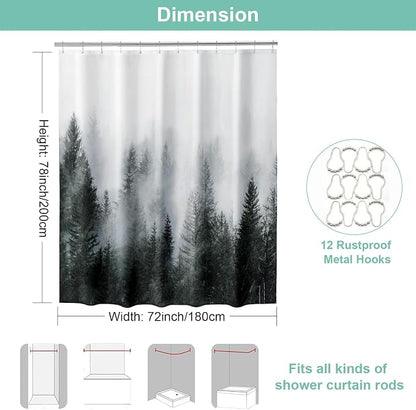 ORTIGIA 78 Inch Dark Green Misty Forest Shower Curtain for Bathroom, Nature Woodland Shower Curtain Set with Hooks, Decorative Pine Tree Fog Magic Bath Curtain, Waterproof Fabric, Weighted, 72x78