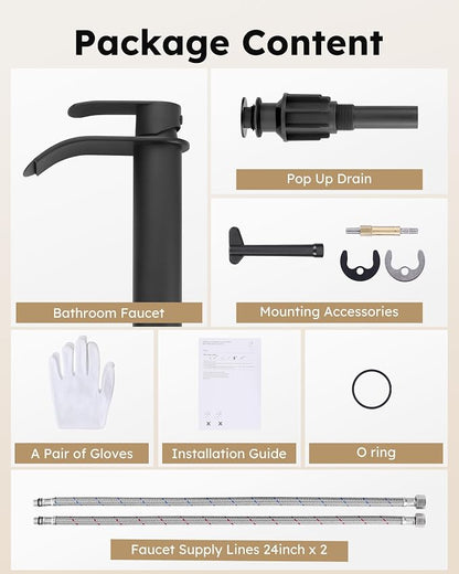 Vessel Sink Faucet Black for Bathroom：WOWOW Single Handle Tall Bathroom Faucet - Waterfall Single Hole Mixer Bar Tap with Large Rectangular Spout, Deck Mount Lavatory Vanity with Pop Up Drain
