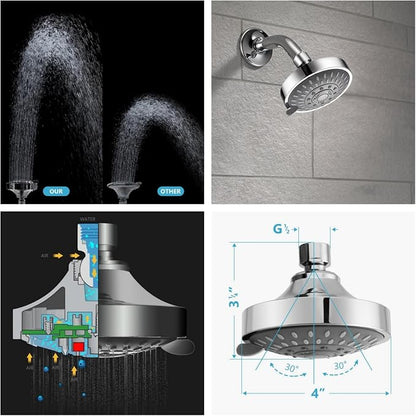 Shower Head High High Flow Pressure Rain Fixed Showerhead 5-Setting with Bathroom Showerhead with Adjustable Brass Ball Joint - for Luxury Shower Experience Even at Low Water Pressure