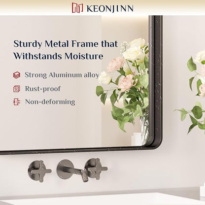 Keonjinn 60 x 36 Inch Black Bathroom Mirrors for Over Sink, Tempered Glass | Sandblasted Finish, Matte Black Vanity Mirror, Anti-Rust, Seamless Aluminum Frame, Rounded Rectangle, French Cleat Mount