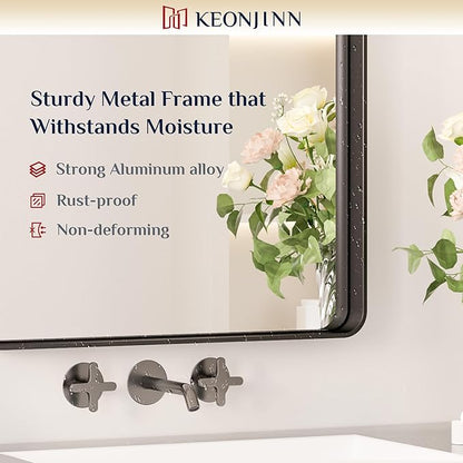 Keonjinn Black Bathroom Mirror, 20 x 30 Inch Rounded Rectangle Bathroom Mirrors for Over Sink Sandblasted Finish, Matte Black Farmhouse Vanity Mirror for Wall with Seamless Frame and HD Tempered Glass
