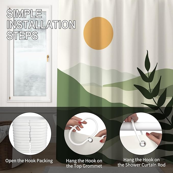 Boho Mid Century Shower Curtain Modern Abstract Sun Tropical Leaves Bathroom Curtain Set Neutral Minimalist Plant Waterproof Fabric Bath Decor with Hooks 72x78 inch