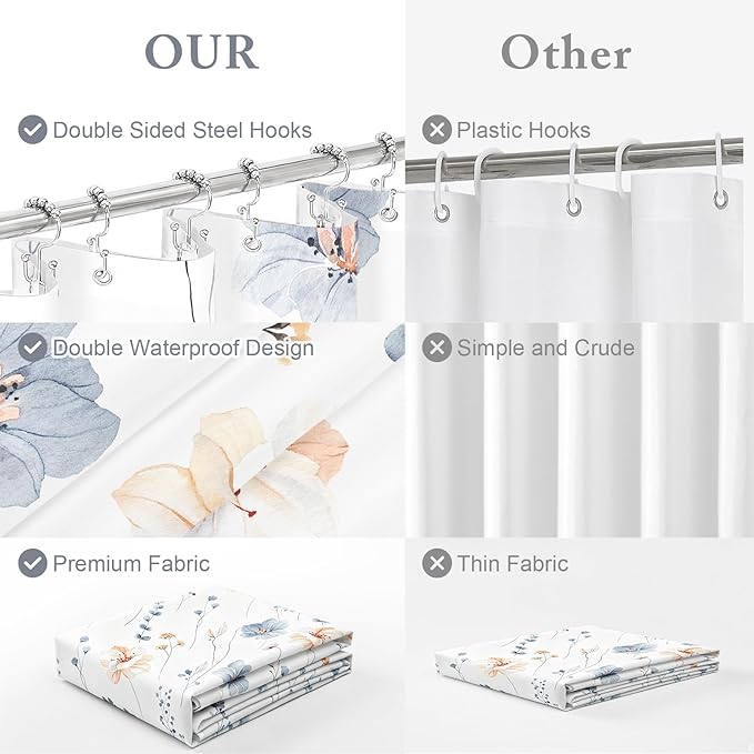 3 in 1 Blue Watercolor Floral Shower Curtain Liner Set, 72x72 | Narrow 3 in 1 Shower Curtain Set, PEVA Liner Set & 12 Double Sided Steel Hooks, Waterproof Fabric Bathroom Curtain