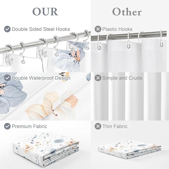 3 in 1 Blue Watercolor Floral Shower Curtain Liner Set, 72x72 | 3 in 1 Shower Curtain Set, PEVA Liner& 12 Double Sided Steel Hooks, Waterproof Fabric Bathroom Curtain