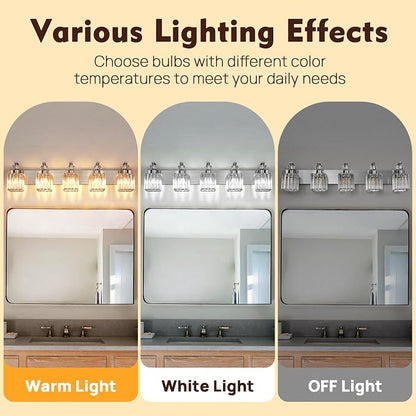 Modern Bathroom Vanity Light, 5-Light Nickel Bathroom Lighting Fixtures Over Mirror, 36.3" Crystal Wall Light Sconce for Bathroom/Bedroom/Vanity, Includes LED Bulbs, Easy Installation