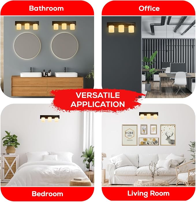 3-Light Bathroom Vanity Bar Light Fixture - Matte Black | Modern Frosted glass shades with E26 socket. Matte Wall sconce lighting perfect over mirror, kitchen, hallway, or entryway