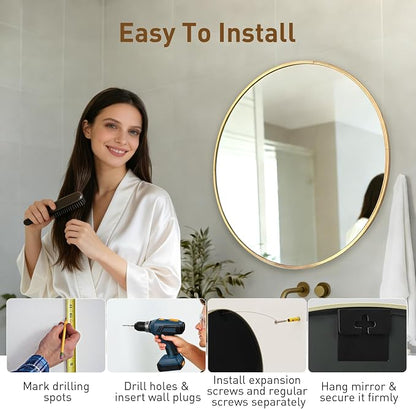 NEWBULIG 24 Inch Round Bathroom Mirror, Wall Mount Vanity Mirror | Circle Mirror for Over Sink, Matte Metal Frame, Entryway Decor, Bedroom Decor, Gold