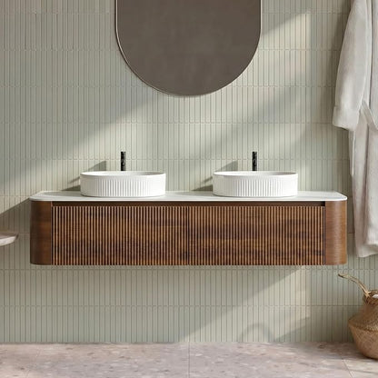 72" Preassembled Double Floating Bathroom Vanity with White Sink, Walnut | Mid-Century Modern Style, Fluted & Soft-Close Drawer with U-shaped Wall, Sinterted Stone Countertop, Towel Rack Included
