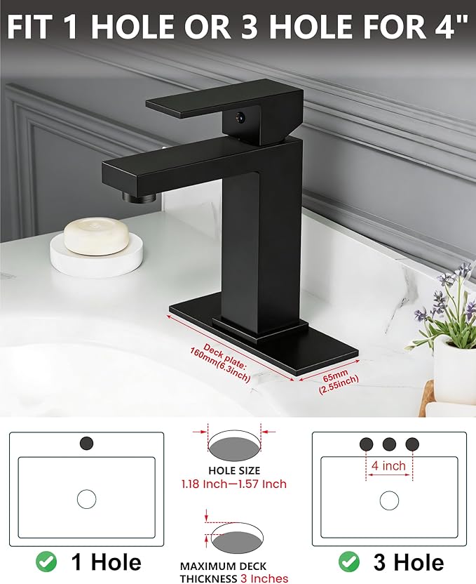 Midanya Bathroom Faucets 1 Hole, Single Handle Stainless Steel Bathroom Sink Faucet, Modern Vanity Faucets with Deck Plate,Water Supply Hoses and Pop Up Drain,Matte Black