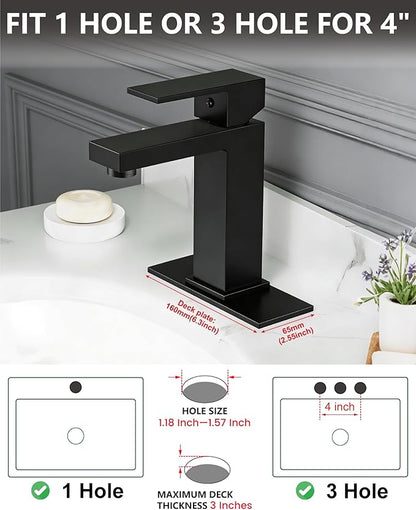 Midanya Bathroom Faucets 1 Hole, Single Handle Stainless Steel Bathroom Sink Faucet, Modern Vanity Faucets with Deck Plate,Water Supply Hoses and Pop Up Drain,Matte Black