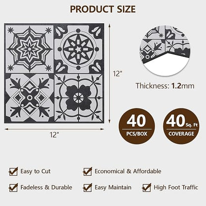 Peel and Stick Floor Tile, 40-Pack 12" x 12" Vinyl Flooring, Waterproof Self-Adhesive Luxury Vinyl Tiles, Easy DIY for Bathroom, Kitchen, Dinning Room, RV, Cover 40 Sq. Black