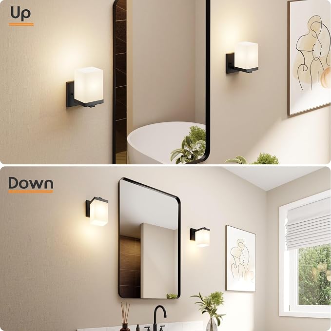 Wall Light Fixture Black Vanity Lighting Over Bathroom Mirror with White Frosted Glass, Wall Lamp for Powder Room Washroom Entrance T003MB-L1