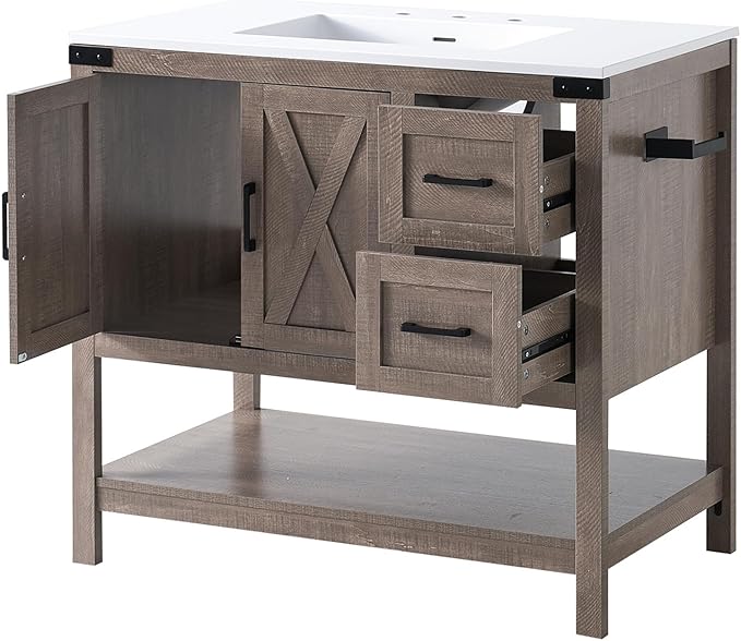 AMERLIFE 36" Farmhouse Bathroom Vanity with Sink Combo, Wood Barn Door Freestanding Small Single Bath Storage Cabinet Set with Sliding Drawers & Open Shelf, Paper Towel Holder, Light Gray