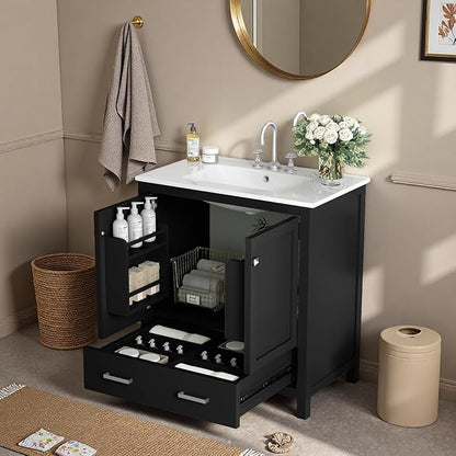 30" Freestanding Bathroom Vanity with Sink, Floor Stand Bathroom Storage Cabinet with Ceramic Sink, Doors with Double-Layered Storage Shelves, Modern Compact Vanity with Divided Drawer, Black