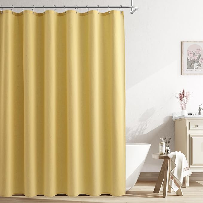 Yellow Linen Shower Curtain, Country Boho Farmhouse Bath Decor Shower Curtains Neutral Cloth Weighted Textured Fabric Bath Curtain Liner with Hooks, 72x72