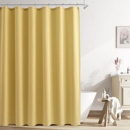 Yellow Linen Shower Curtain, Country Boho Farmhouse Bath Decor Shower Curtains Neutral Cloth Weighted Textured Fabric Bath Curtain Liner with Hooks, 72x72