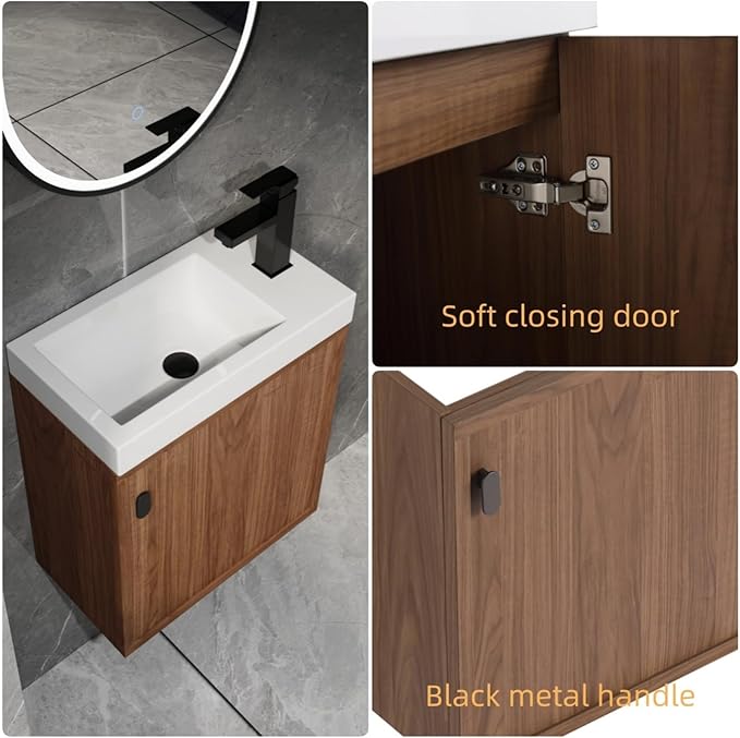 18.5" Bathroom Vanity with Resin Sink, Modern Wall-Mounted Floating Bathroom Vanity with Soft Closed Single Door for Home, Undermount Storage Cabinet, Easy to Clean, Natural Walnut