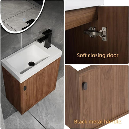 18.5" Bathroom Vanity with Resin Sink, Modern Wall-Mounted Floating Bathroom Vanity with Soft Closed Single Door for Home, Undermount Storage Cabinet, Easy to Clean, Natural Walnut